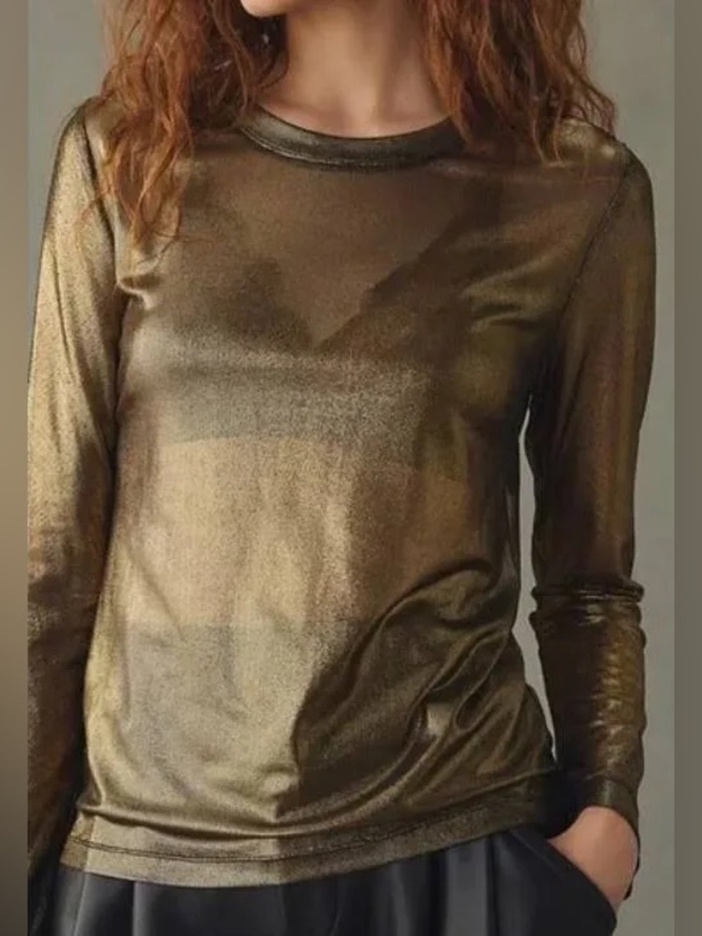 Porridge X Anthropologie Metallic Gold Long-Sleeve Mesh Shine top